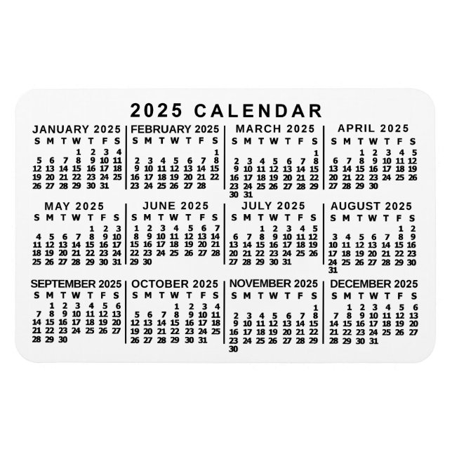 2025 Year Monthly Calendar Classic White and Black Magnet (Horizontal)