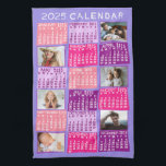 2025 Year Monthly Calendar Cute Mod Photo Collage Kitchen Towel<br><div class="desc">This personalized 2025 year monthly calendar kitchen towel has a mid-century modern geometric look with asymmetrical color blocks and cut-out paper style typography. The colors are all various shades of pink and purple. Use the easy templates to add six of your favorite photos (horizontal work best, but all shapes will...</div>