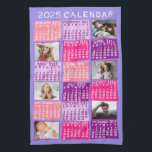 2025 Year Monthly Calendar Cute Mod Photo Collage Kitchen Towel<br><div class="desc">This personalized 2025 year monthly calendar kitchen towel has a mid-century modern geometric look with asymmetrical color blocks and cut-out paper style typography. The colors are all various shades of pink and purple. Use the easy templates to add six of your favorite photos (horizontal work best, but all shapes will...</div>