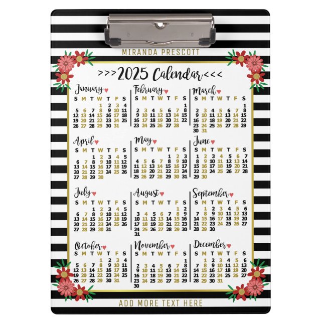 2025 Year Monthly Calendar Floral Stripes | Custom Clipboard (Front)