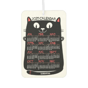 2025 Year Monthly Calendar Mid-Century Black Cat Air Freshener