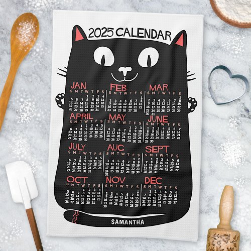 2025 Year Monthly Calendar Mid_Century Black Cat Kitchen Towel