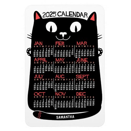 2025 Year Monthly Calendar Mid_Century Black Cat Magnet