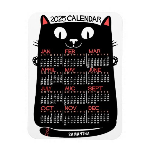 2025 Year Monthly Calendar Mid_Century Black Cat Magnet