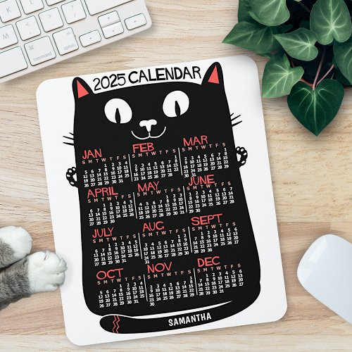 2025 Year Monthly Calendar Mid_Century Black Cat Mouse Pad