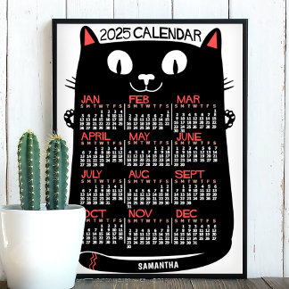 2025 Year Monthly Calendar Mid-Century Black Cat Poster