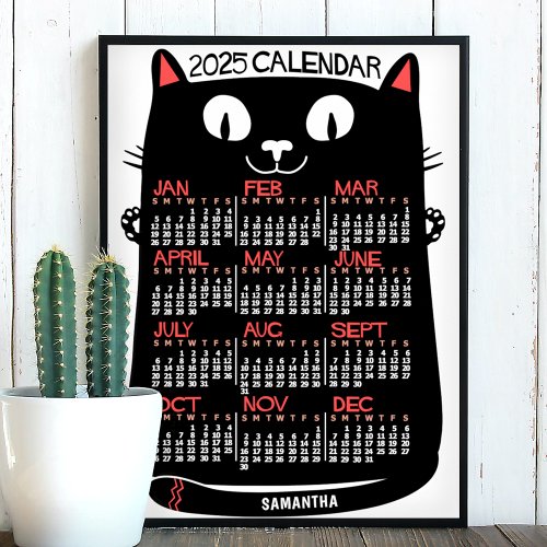 2025 Year Monthly Calendar Mid_Century Black Cat Poster