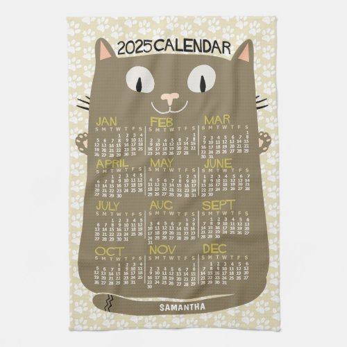 2025 Year Monthly Calendar Mid_Century Brown Cat Kitchen Towel