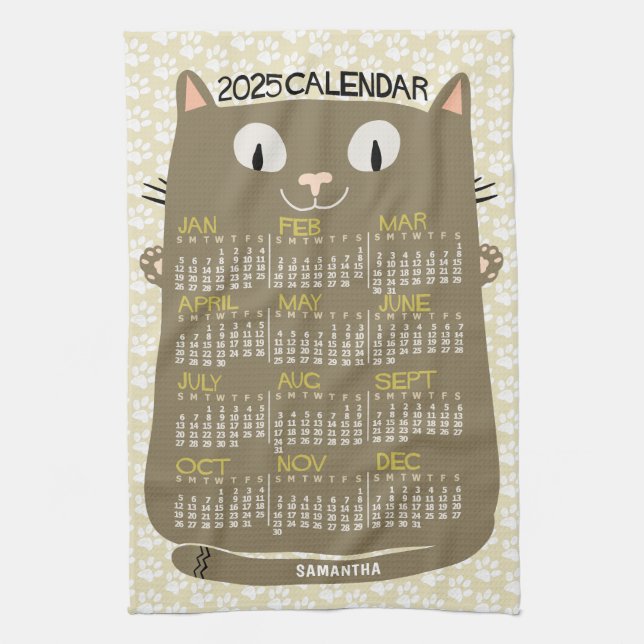 2025 Year Monthly Calendar Mid-Century Brown Cat Kitchen Towel (Vertical)