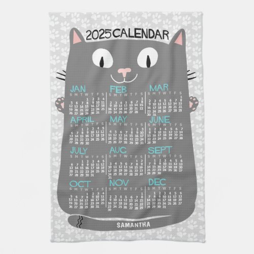 2025 Year Monthly Calendar Mid_Century Gray Cat Kitchen Towel