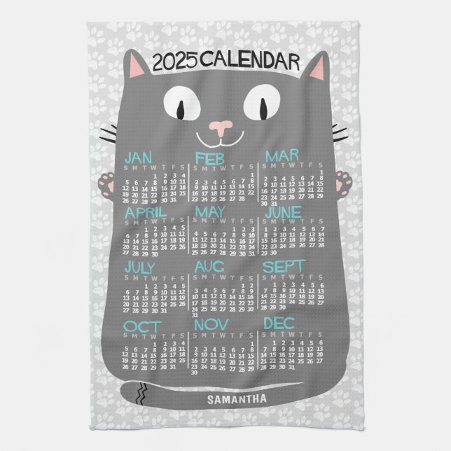 2025 Year Monthly Calendar Mid-Century Gray Cat Kitchen Towel (Vertical)