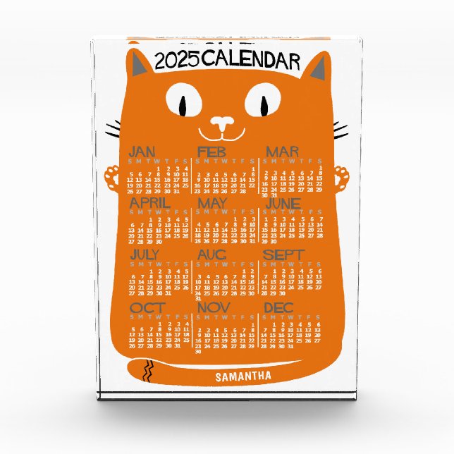 2025 Year Monthly Calendar Mid-Century Orange Cat Acrylic Award (Front)