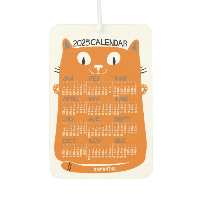 2025 Year Monthly Calendar Mid-Century Orange Cat Air Freshener (Front)