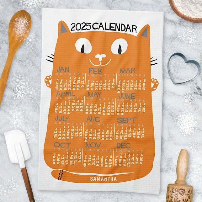 2025 Year Monthly Calendar Mid-Century Orange Cat Kitchen Towel (Creator Uploaded)