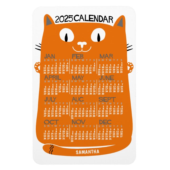 2025 Year Monthly Calendar Mid-Century Orange Cat Magnet (Vertical)