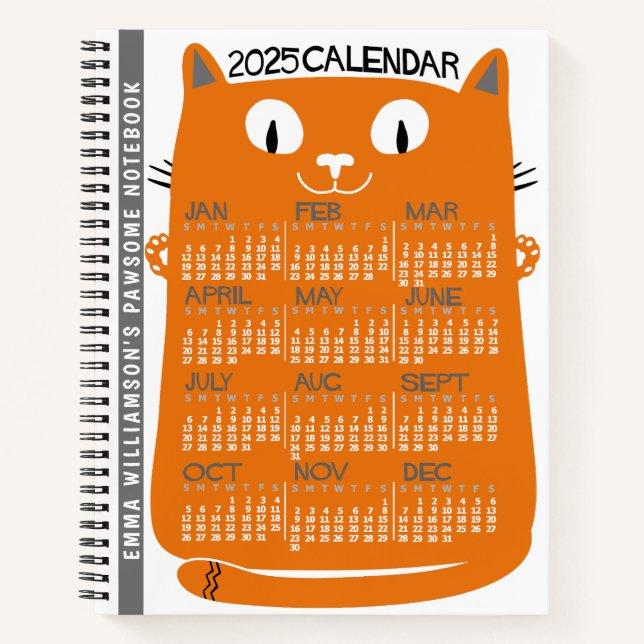 2025 Year Monthly Calendar Mid-Century Orange Cat Notebook (Front)