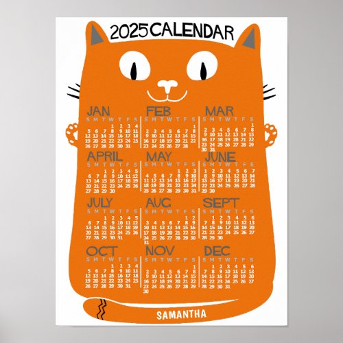 2025 Year Monthly Calendar Mid_Century Orange Cat Poster