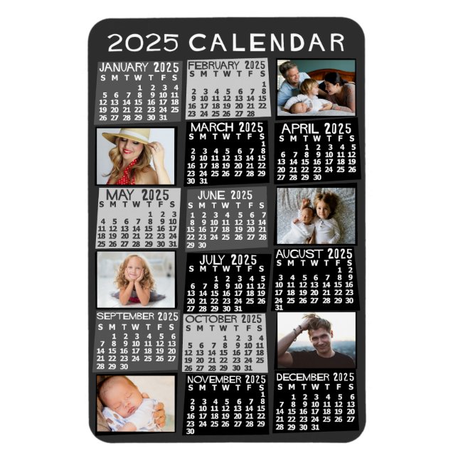 2025 Year Monthly Calendar Mod Black Photo Collage Magnet (Vertical)
