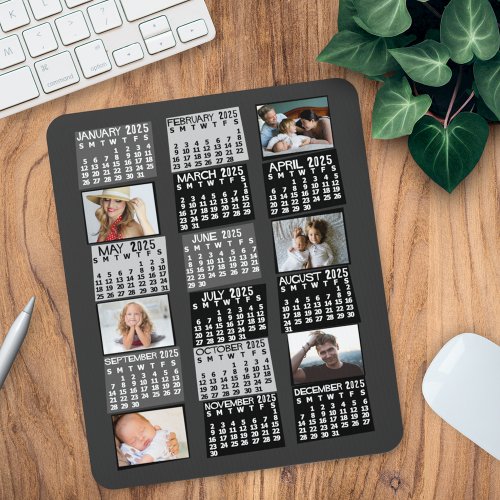 2025 Year Monthly Calendar Mod Black Photo Collage Mouse Pad