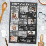 2025 Year Monthly Calendar Photo Collage Mod Black Kitchen Towel<br><div class="desc">This personalized 2025 year monthly calendar kitchen towel has a mid-century modern geometric look with asymmetrical color blocks and cut-out paper style typography. The colors are various shades of black, white, and gray. Use the easy templates to add six of your favorite photos (horizontal work best, but all shapes will...</div>