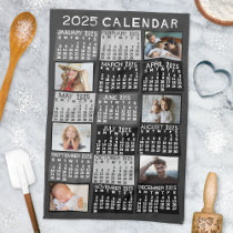 2025 Year Monthly Calendar Photo Collage Mod Black Kitchen Towel