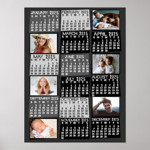 2025 Year Monthly Calendar Photo Collage Mod Black Poster