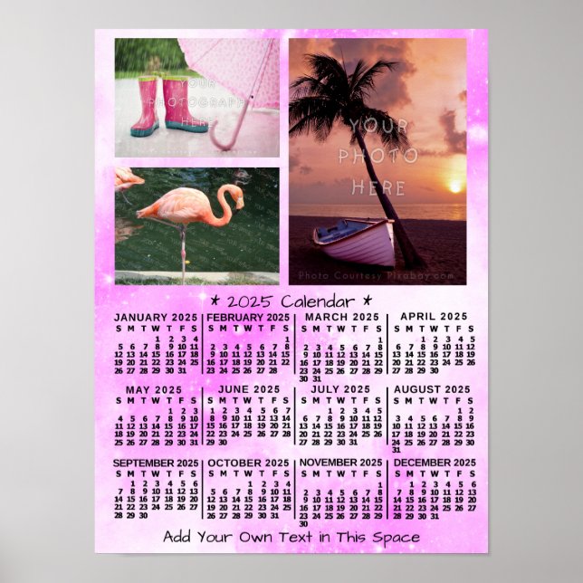 2025 Year Monthly Calendar Pink Watercolor 3 Photo Poster (Front)