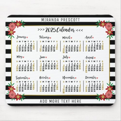 2025 Year Monthly Calendar  Preppy Floral Stripes Mouse Pad