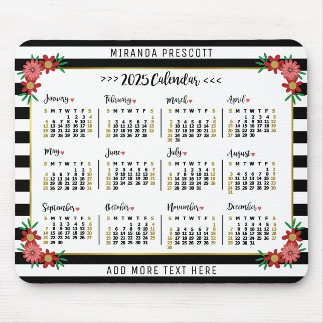 2025 Year Monthly Calendar | Preppy Floral Stripes Mouse Pad (Front)