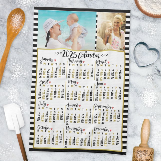 2025 Year Monthly Calendar Stripes | Custom Photos Kitchen Towel (Creator Uploaded)
