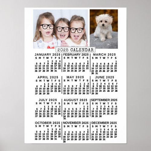 2025 Year Monthly Calendar White  Custom Photos Poster