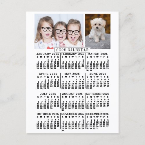 2025 Year Monthly Calendar White  Photo Template Postcard