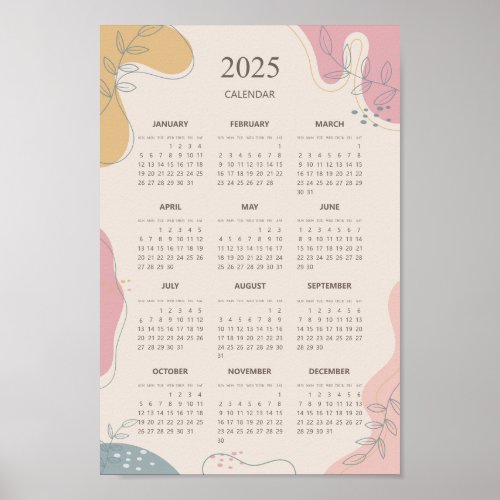 2025 Yearly Calendar Abstract Aesthetic Minimalist Poster