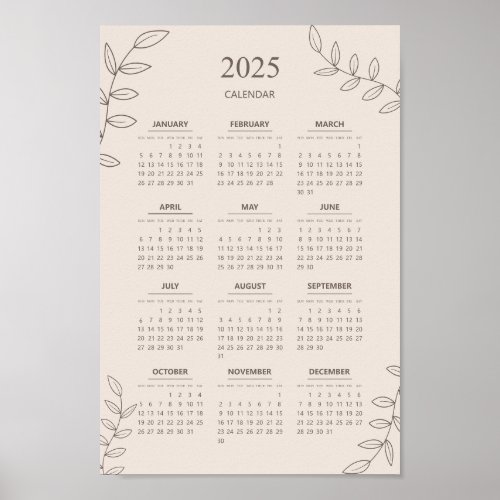 2025 Yearly Calendar Floral Line Art Minimalist  Poster