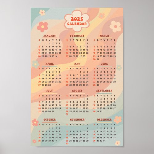 2025 Yearly Calendar Groovy Vintage Pastel Swirl   Poster