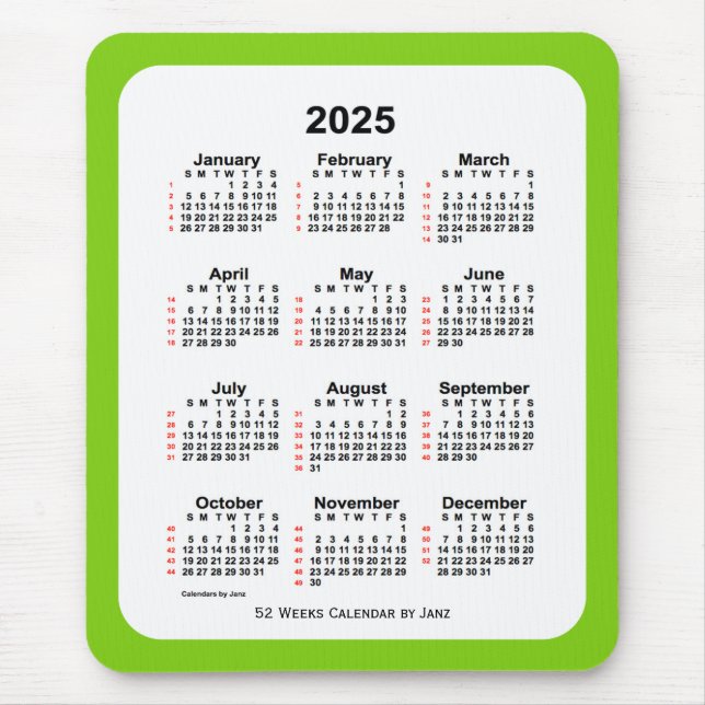 2025 Yellow Green 52 Week Calendar by Janz Mouse Pad (Front)