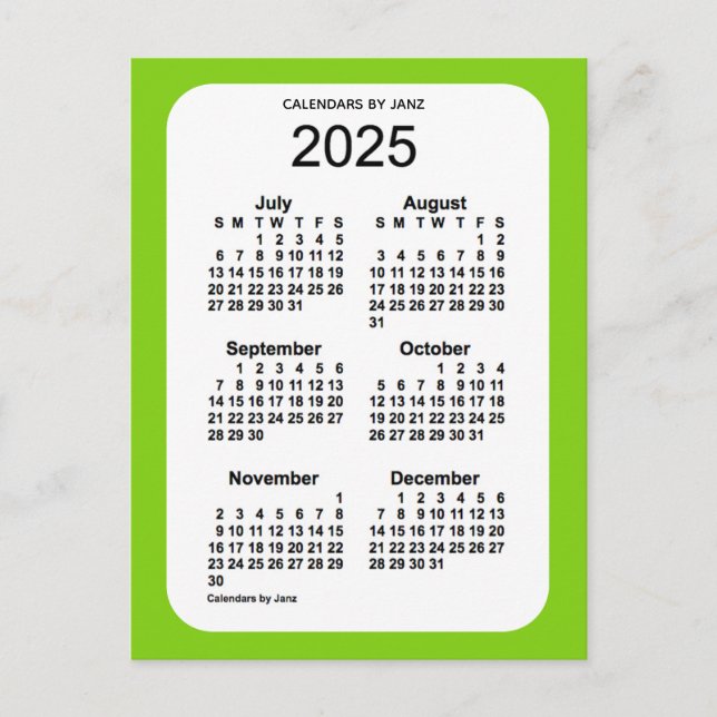 2025 Yellow Green 6 Month Mini Calendar by Janz Postcard (Front)