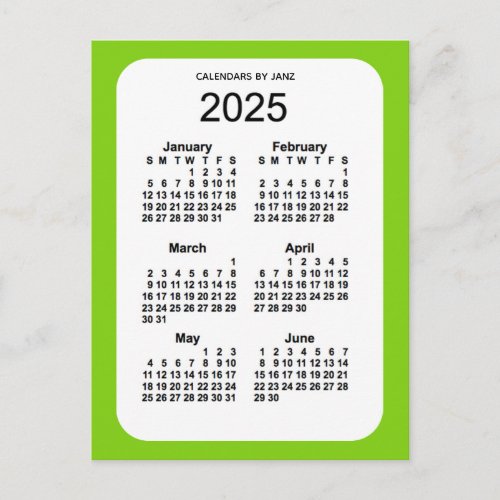 2025 Yellow Green 6 Month Mini Calendar by Janz Postcard