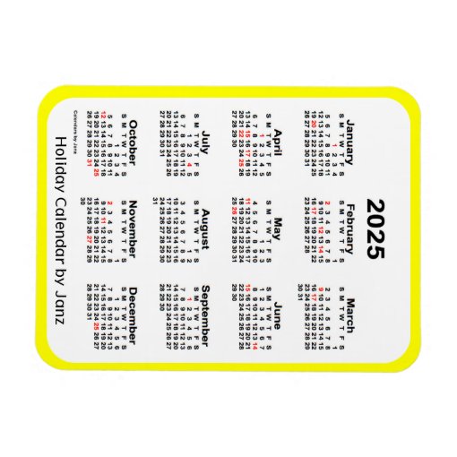 2025 Yellow Holiday Calendar by Janz Magnet | Zazzle