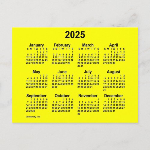 2025 Yellow Mini Calendar by Janz Postcard