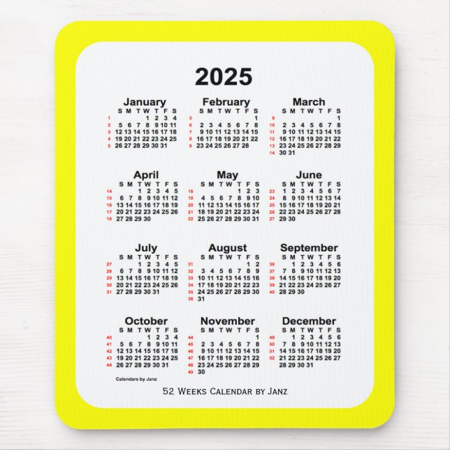 2025 Yellow Two Tone 52 Week Calendar by Janz Mouse Pad (Front)
