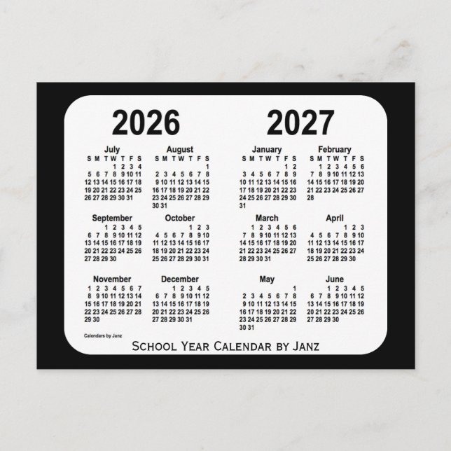 2026-2027 Black and White School Calendar by Janz Postcard (Front)