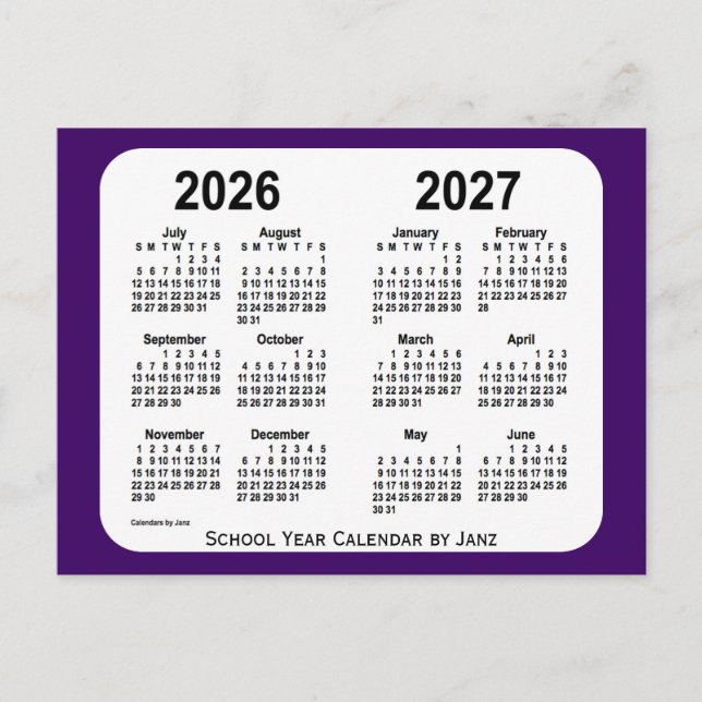 2026-2027 Purple Mini School Year Calendar by Janz Postcard (Front)
