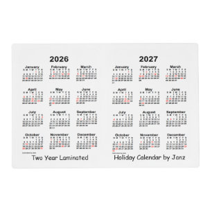 2026-2027 White 2 Year Holiday Calendar by Janz Placemat