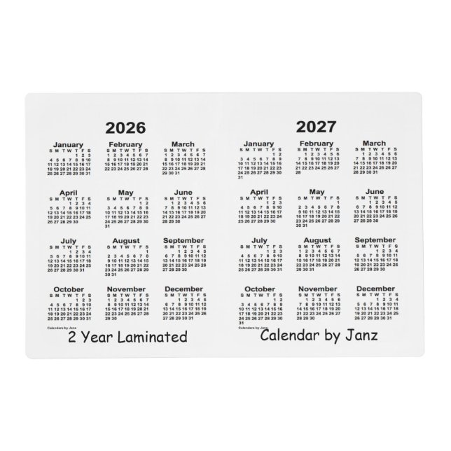 2026-2027 White 2 Year Laminated  Calendar by Janz Placemat (Front)