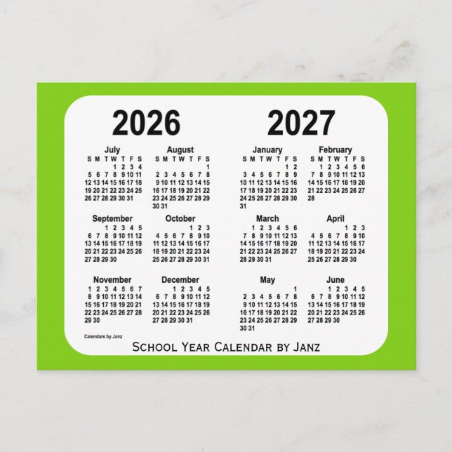 2026-2027 Yellow Green School Calendar by Janz Postcard (Front)