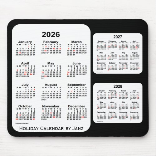 2026_2028 Black 3 Year Holiday Calendar by Janz Mouse Pad
