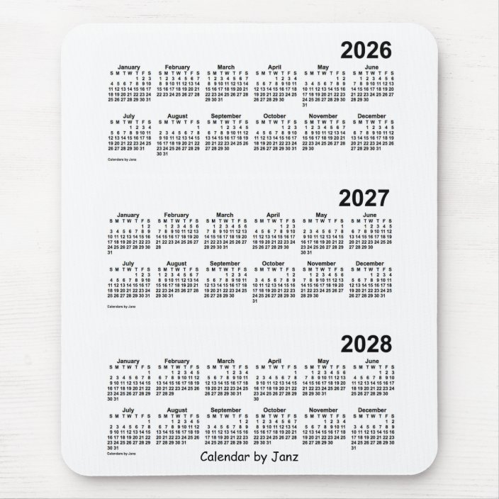 2026-2028 White 3 Year Calendar by Janz Mouse Pad | Zazzle.com
