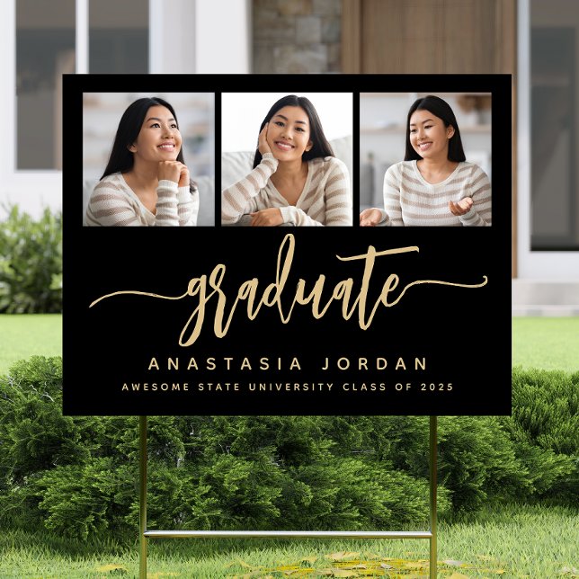2026 3-Photo Black Gold Graduate Script Yard Sign (Creator Uploaded)