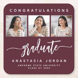 2026 3-Photo Burgundy Congratulations Graduate Square Paper Coaster